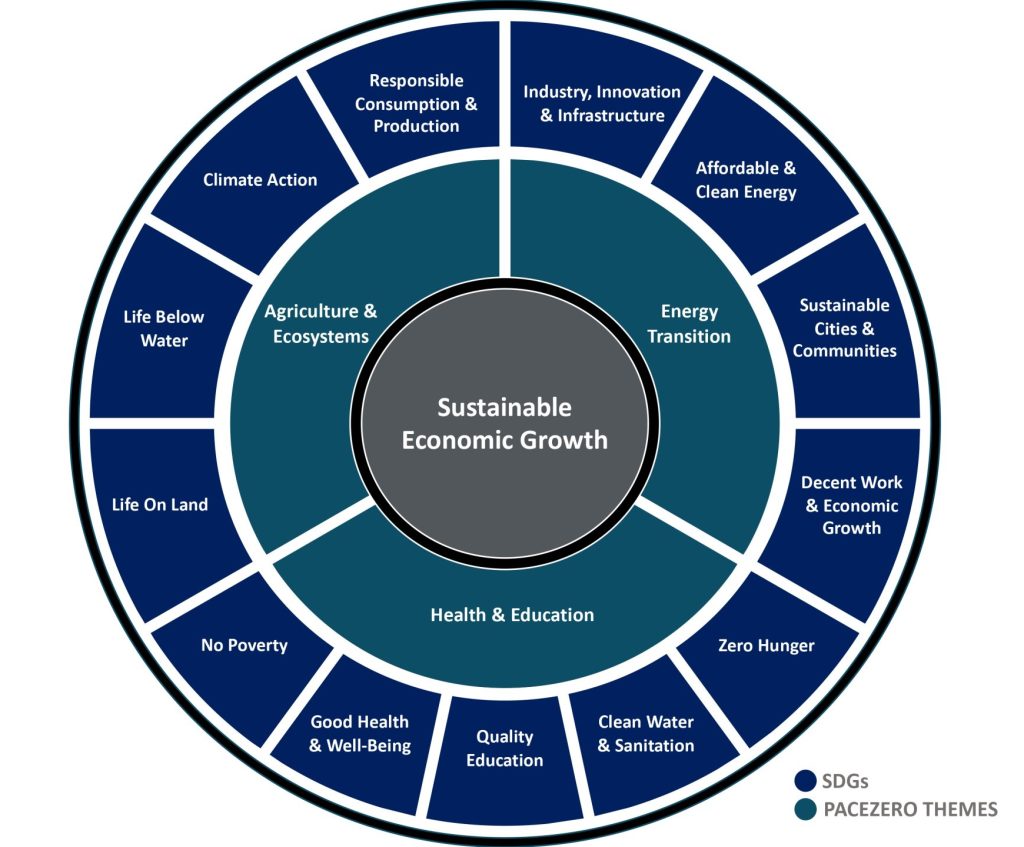 A circular diagram illustrating the relationship between sustainable economic growth and various sustainability themes. The center circle is labeled "Sustainable Economic Growth." Surrounding it are two rings: the inner ring shows three themes—"Agriculture & Ecosystems," "Energy Transition," and "Health & Education." The outer ring lists related Sustainable Development Goals (SDGs): "Climate Action," "Responsible Consumption & Production," "Industry, Innovation & Infrastructure," "Affordable & Clean Energy," "Sustainable Cities & Communities," "Decent Work & Economic Growth," "Zero Hunger," "Clean Water & Sanitation," "Quality Education," "Good Health & Well-Being," "No Poverty," "Life On Land," and "Life Below Water." The diagram uses two colors to distinguish between SDGs and the central themes.